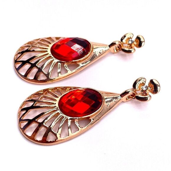 Yellow Gold with Ruby and White Crystal Teardrop Flower Post Back Earrings - Picture 4 of 6